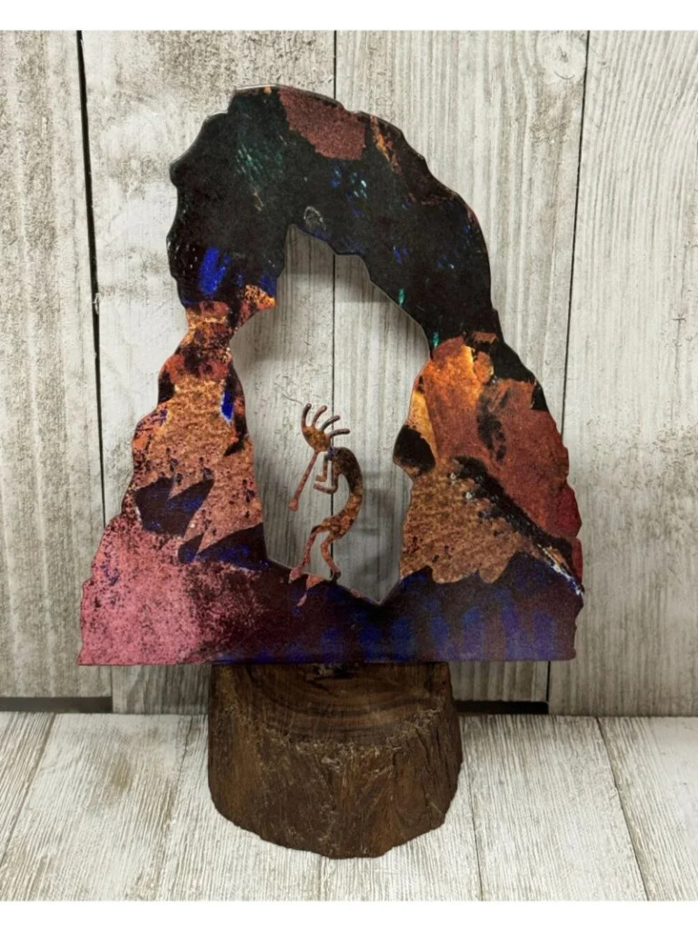 Vintage Metal Sculpture of Kokopelli on a Wood Base